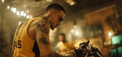 Tattoo artist works in dimly lit studio photo