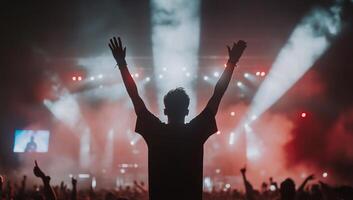 Concertgoer enjoys music, stage lights, crowd photo