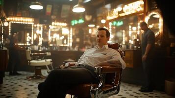 Man in barber shop, relaxed in chair, vintage atmosphere, possible use stock photography photo