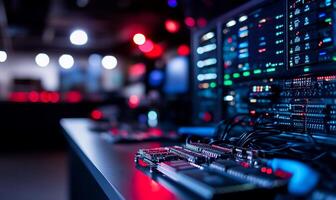 Server room, data center, network, technology, glowing lights, background blur, tech support photo
