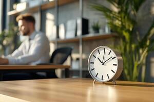 Modern office clock on desk. Busy worker in background. Possible use Stock photo