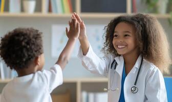 A young girl and a doctor high five photo