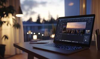 Evening photo editing, laptop, home office, sunset view