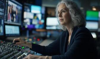 Senior female editor working in a modern broadcast studio photo