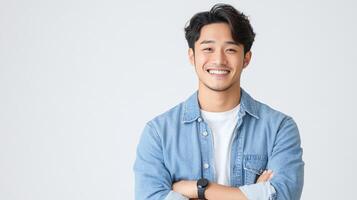 Smiling Asian Man in Denim Jacket - Studio Portrait photo