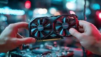 Hands holding graphics card, tech repair, bokeh background, computer component photo