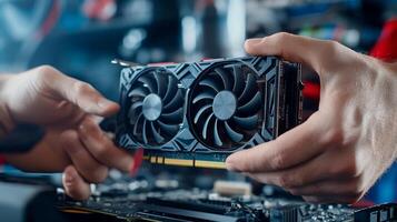 Technician handing graphics card, workshop background, repair photo