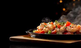 A skillet with shrimp and vegetables on it photo