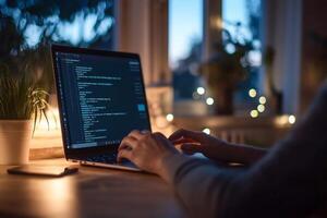 Person coding on laptop at night photo