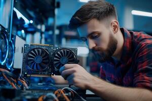 Technician Inspecting Computer Graphics Card photo