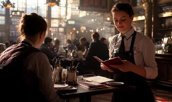 Waitress taking order in cafe, sunny day photo
