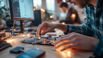Engineer working on circuit board in office photo