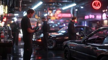 Mechanic inspecting car in a neon-lit garage. Possible stock photo use