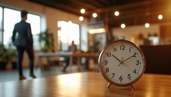 Modern office interior, clock on table, business people. Possible use Business, workspace, productivity stock photo