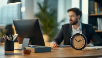 Businessman working at desk, office setting, evening time. Possible use Stock photo for business, productivity, or work-life balance