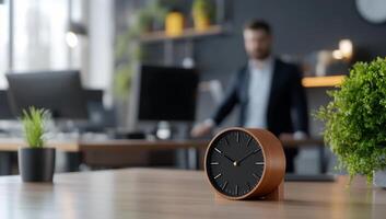 Office clock, businessman background, modern workspace, productivity photo