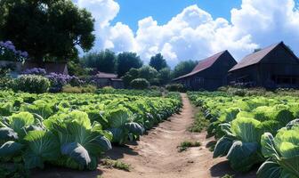 Rural farm scene with cabbage field under sunny sky. Possible use Stock photo