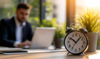 Businessman working at laptop, office clock, plant. Possible use Stock photo for productivity, work, time management
