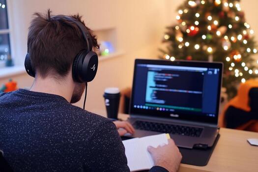 programador trabajando a hogar, Navidad luces en antecedentes. posible utilizar valores foto para sitios web relacionado a programación, remoto trabajar, o fiesta estaciones