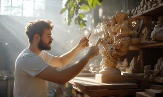Carving wooden statue in workshop photo
