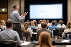 Speaker presenting at conference. audience listens, projector screen shows presentation, ideal for business or education photo