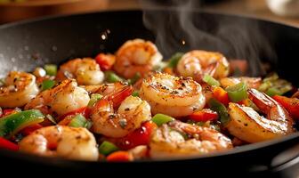 Sizzling shrimp stir-fry with peppers, cooking photo