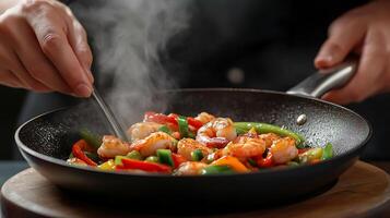 Chef stir-frying shrimp and vegetables in a pan photo