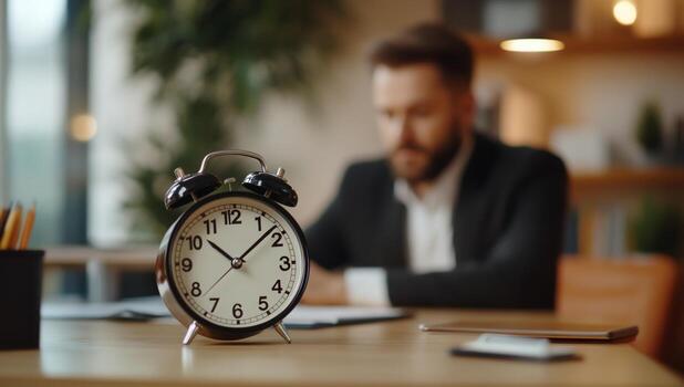 Businessman working at desk with alarm clock. Office setting. Possible use for productivity photo