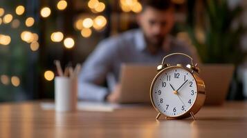 Man works late, alarm clock on desk, office bokeh photo