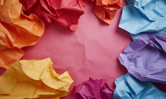 Crumpled colored papers frame, abstract background, creative composition, design photo