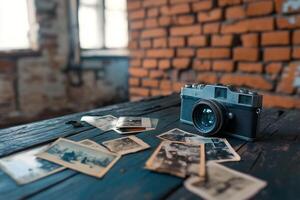 Old camera on table with vintage photos, brick wall background. Possible use Stock photo for vintage, retro, photography, or history themes