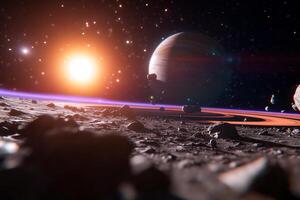 Space planet asteroid field, sunrise, cosmic view, science fiction photo