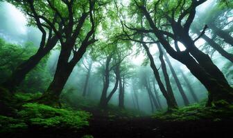 Misty forest canopy, lush green trees, mysterious ambiance. Possible use Nature backdrop photo