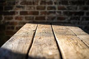 Rustic wooden table outdoors, brick wall background, empty, photography photo