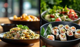 Two pictures of different types of food in bowls photo