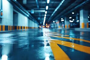 Underground Parking Garage, Rain, Empty, Vehicles photo