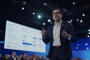 Young man in suit giving presentation on stage to large audience. photo