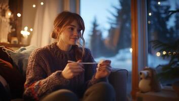 Woman holding pregnancy test, anticipation, cozy home. photo