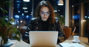 Woman working on laptop at night cafe photo