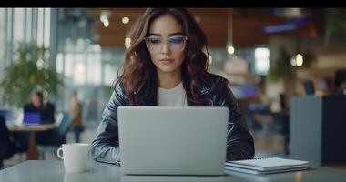 Woman working on laptop in modern cafe photo