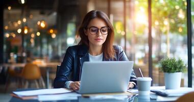 Woman working on laptop in cafe, sunlight, business, focus, productivity, indoors photo