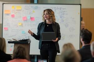 A woman giving a presentation to a group of people photo