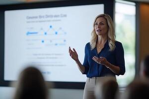 Businesswoman presenting data on a screen to an audience. photo