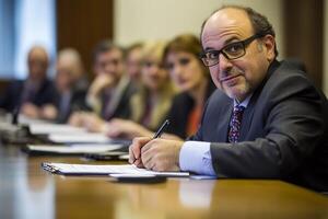 Businessman taking notes at a conference table with colleagues in the background. photo
