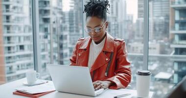 Woman in red jacket works on laptop near window. photo