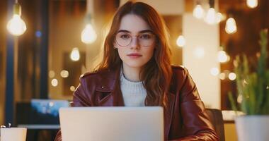 Focused young woman working on laptop in modern office at night. photo