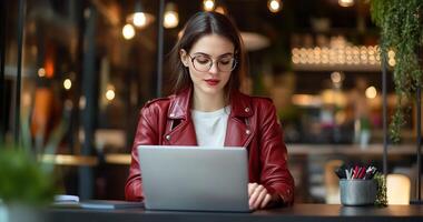 Woman using laptop in cafe. photo