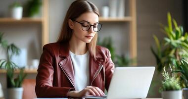 Young woman working on laptop in office. photo