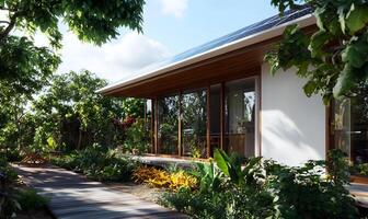 Modern sustainable house with solar panels, garden path, and lush landscaping. photo