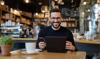 Happy man using digital tablet and phone in a cafe. photo